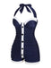 Navy Blue 1950s Pleated Halter Swimsuit, vintage swimsuit, pin-up swimwear - perfect for women who love vintage and retro fashion
