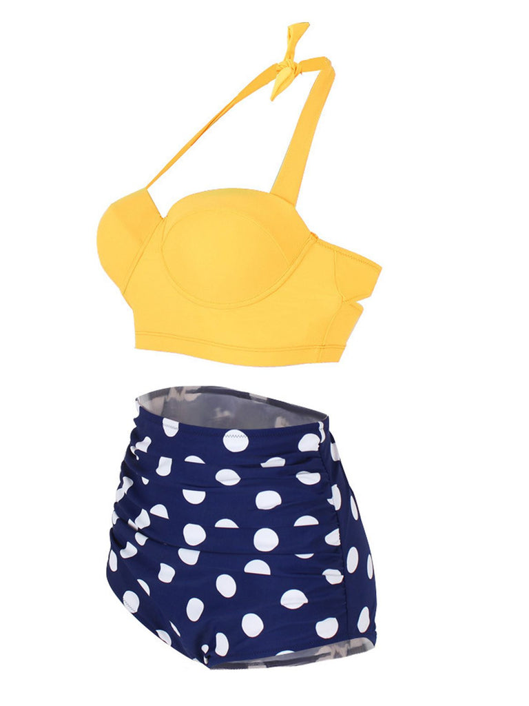 1950s Polka Dot Halter Pleated Bikini — vintage elegance for the modern woman