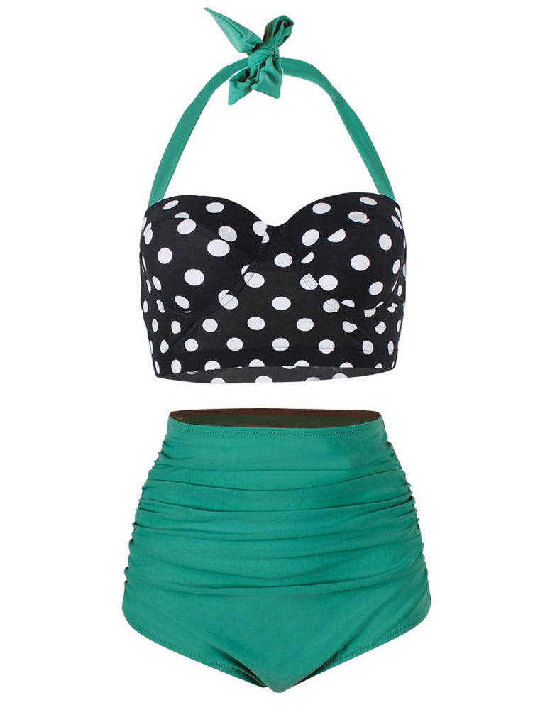 1950s Polka Dot Halter Pleated Bikini — vintage elegance for the modern woman