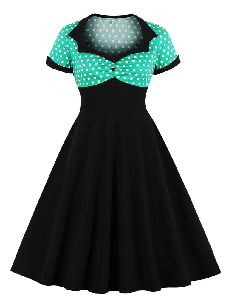 She slips into this 1950s Polka Dot Patchwork Swing Dress and suddenly it's a 1950s daydream