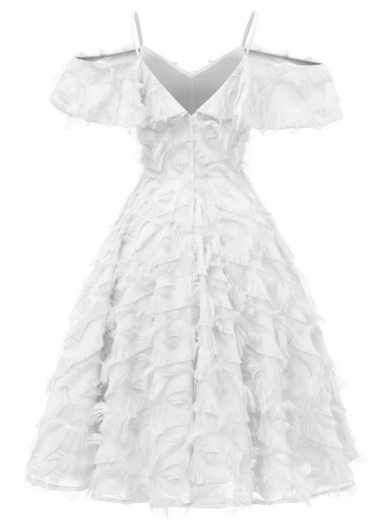 1950s Ruffle Tassel Feather Solid Dress — vintage elegance for the modern woman
