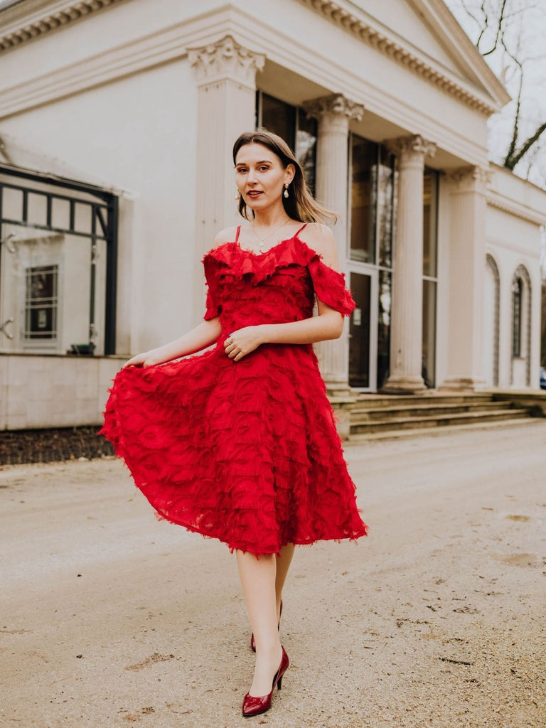 1950s Ruffle Tassel Feather Solid Dress — vintage elegance for the modern woman