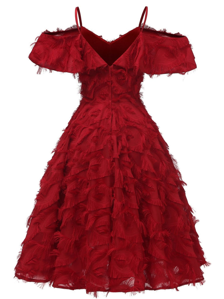 1950s Ruffle Tassel Feather Solid Dress — vintage elegance for the modern woman