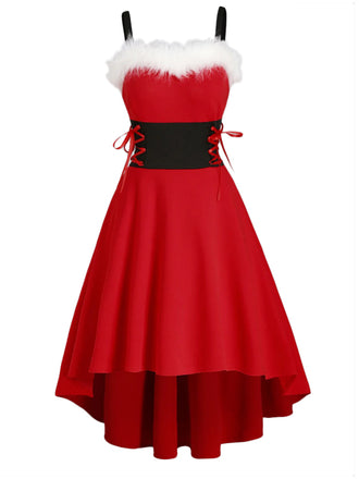 1950s Strap Furry Lace Up Dress, classic 1950s style elegant retro fashion - Image 1