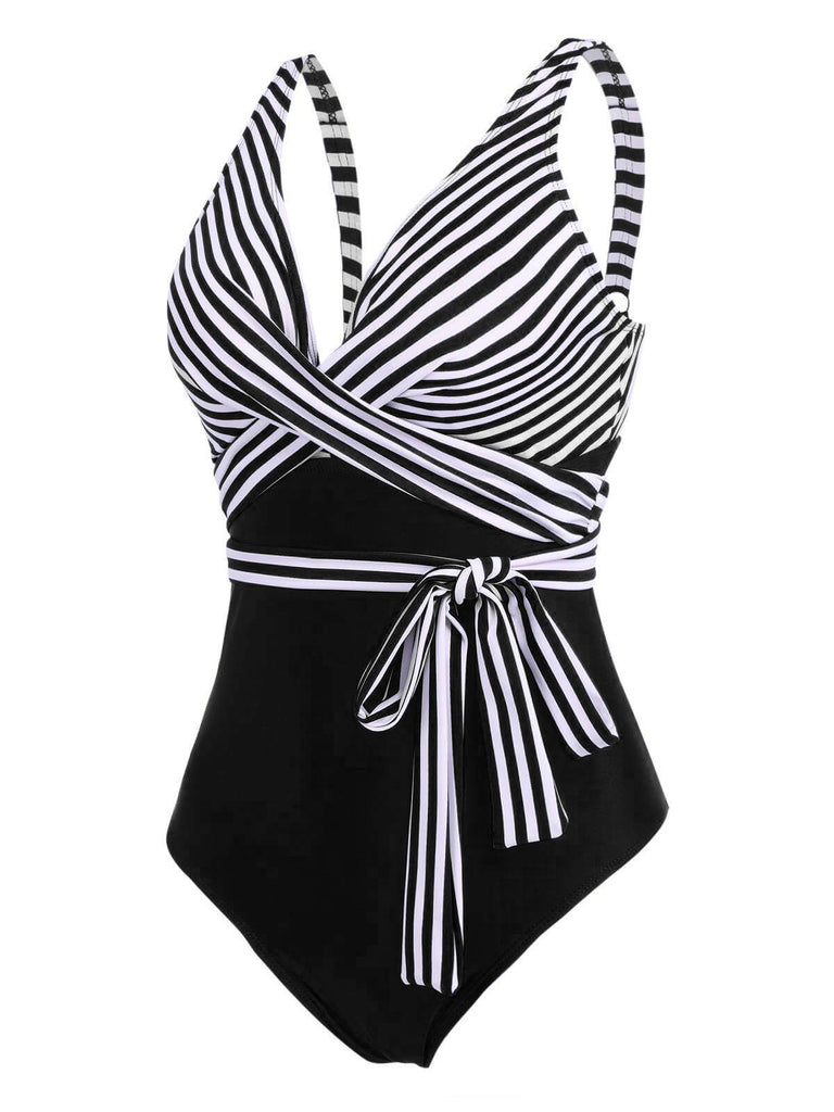 1950s Stripe Lace Up Patchwork One-Piece Swimsuit — vintage elegance for the modern woman