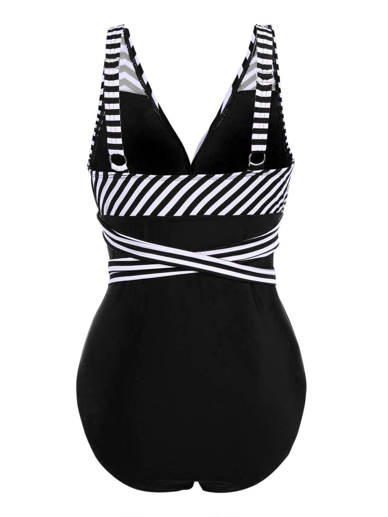 1950s Stripe Lace Up Patchwork One-Piece Swimsuit — vintage elegance for the modern woman