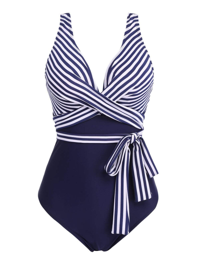 1950s Stripe Lace Up Patchwork One-Piece Swimsuit: timeless style reimagined