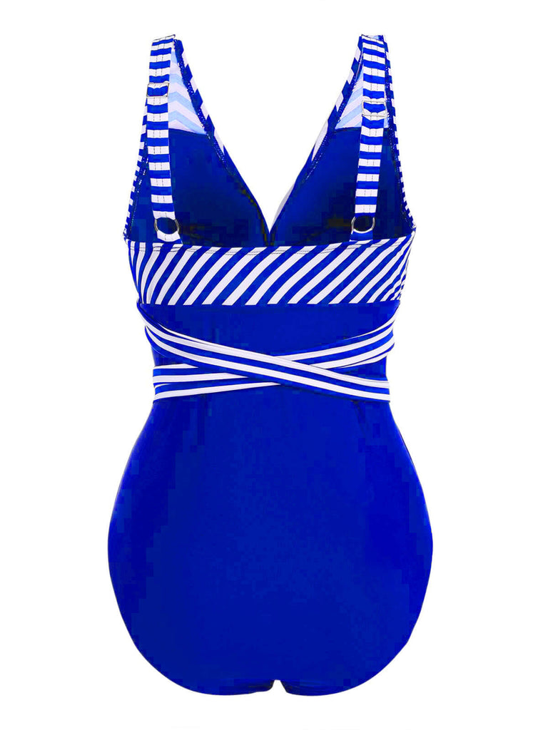 1950s Stripe Lace Up Patchwork One-Piece Swimsuit: timeless style reimagined