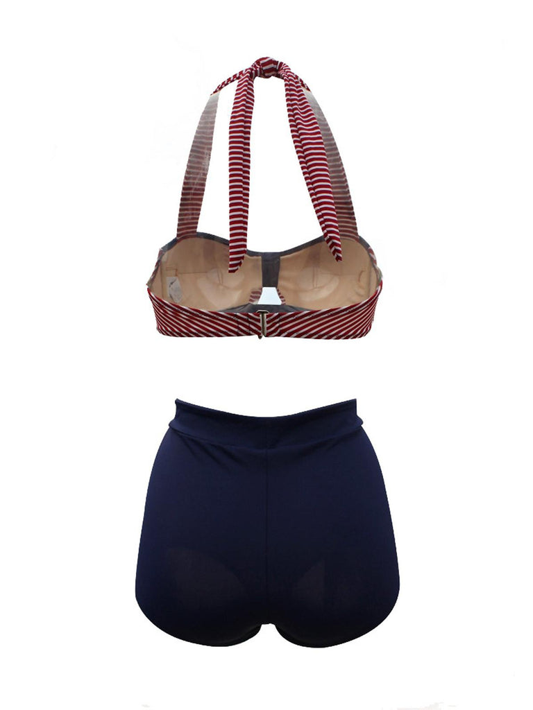 1950s Stripe Patchwork Bow Halter Bikini, classic 1950s style summer beach collection - Image 3