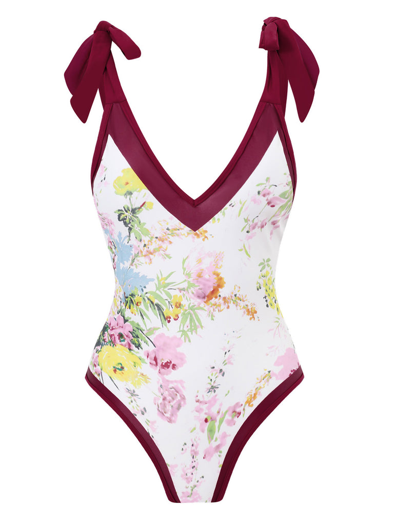 1950s V-Neck Flowers Lacing Swimsuit & Cover Up - vintage swimsuit, pin-up style