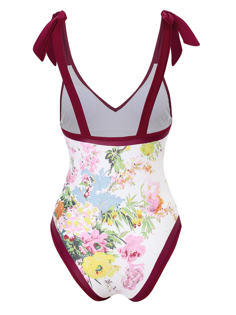 1950s V-Neck Flowers Lacing Swimsuit & Cover Up - vintage swimsuit, pin-up style