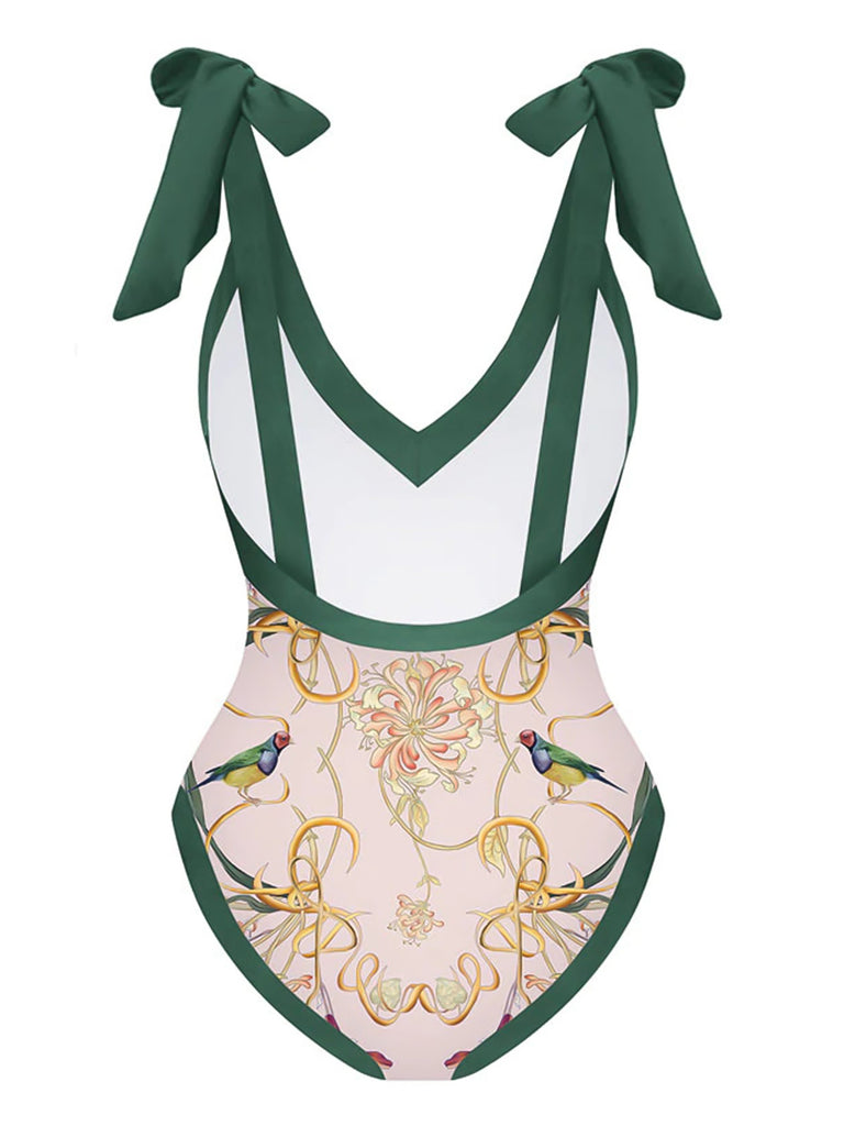 1950s V-Neck Flowers Lacing Swimsuit & Cover Up - vintage swimsuit, pin-up style