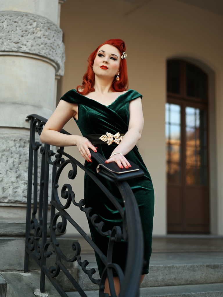 1960s Off Shoulder Velvet Bodycon Dress — vintage elegance for the modern woman