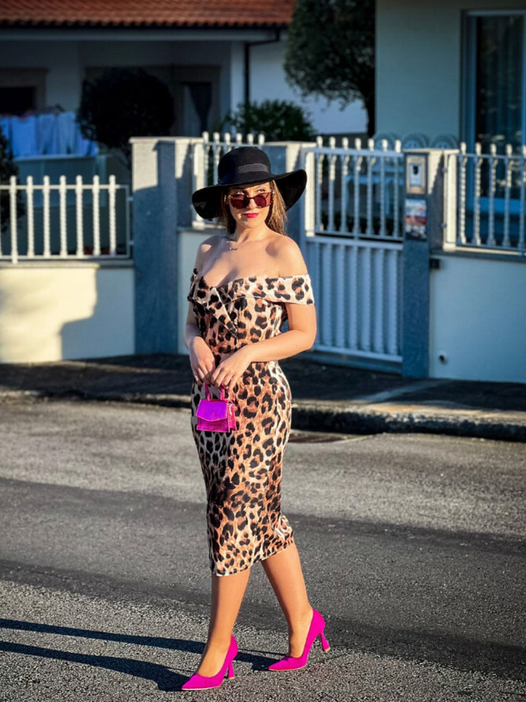 1960s Off-shoulder Leopard Pencil Dress — vintage elegance for the modern woman