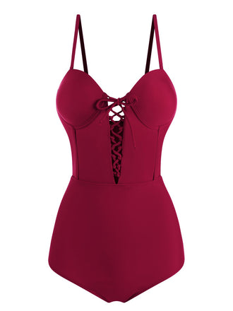 Wine Red 1960s Solid Spaghetti Strap One-piece Swimsuit - vintage swimsuit, pin-up style, elegant red