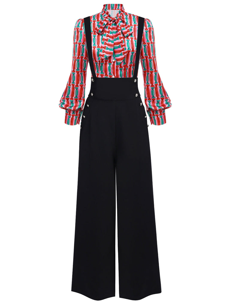 2PCS 1950s Candy Tie-Up Blouse & Black Suspender Pants: timeless style reimagined