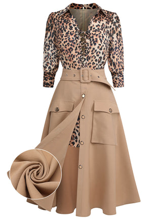 2PCS 1950s Leopard Lapel Romper & Khaki Skirt: timeless style reimagined