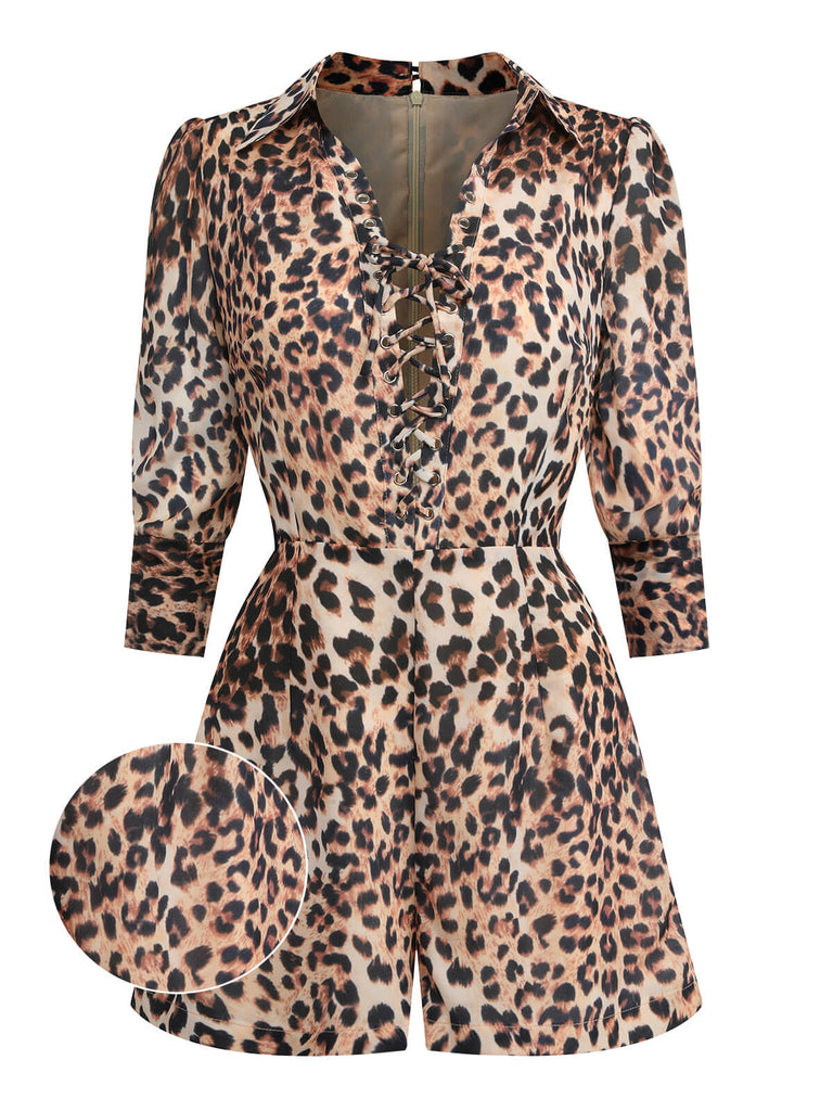 2PCS 1950s Leopard Lapel Romper & Khaki Skirt — vintage elegance for the modern woman