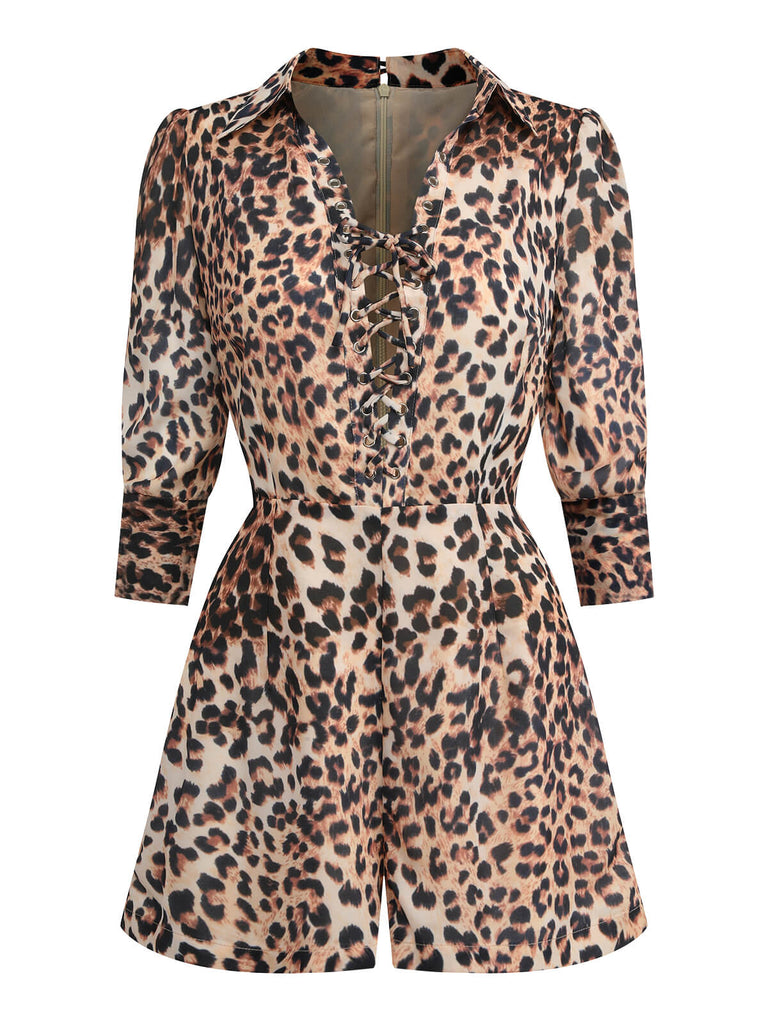2PCS 1950s Leopard Lapel Romper & Khaki Skirt: timeless style reimagined