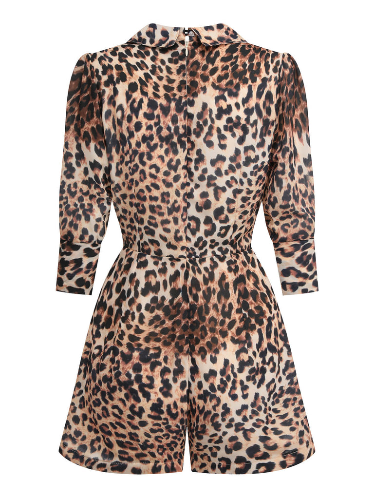2PCS 1950s Leopard Lapel Romper & Khaki Skirt: timeless style reimagined