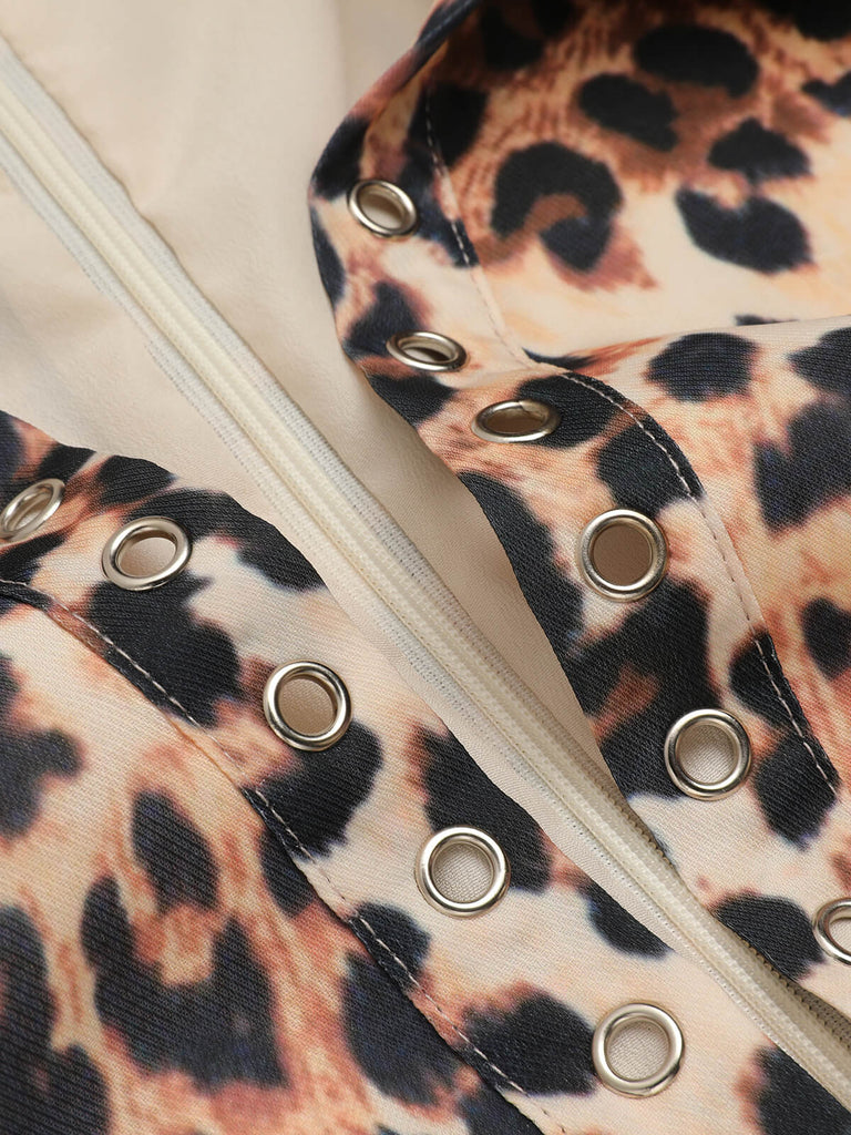 2PCS 1950s Leopard Lapel Romper & Khaki Skirt: timeless style reimagined