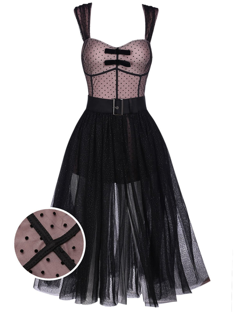 2PCS 1950s Polka Dot Bowknot Lace Strap Dress, classic vintage style elegant retro fashion - Image 1