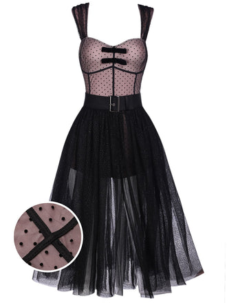 2PCS 1950s Polka Dot Bowknot Lace Strap Dress, classic vintage style elegant retro fashion - Image 1