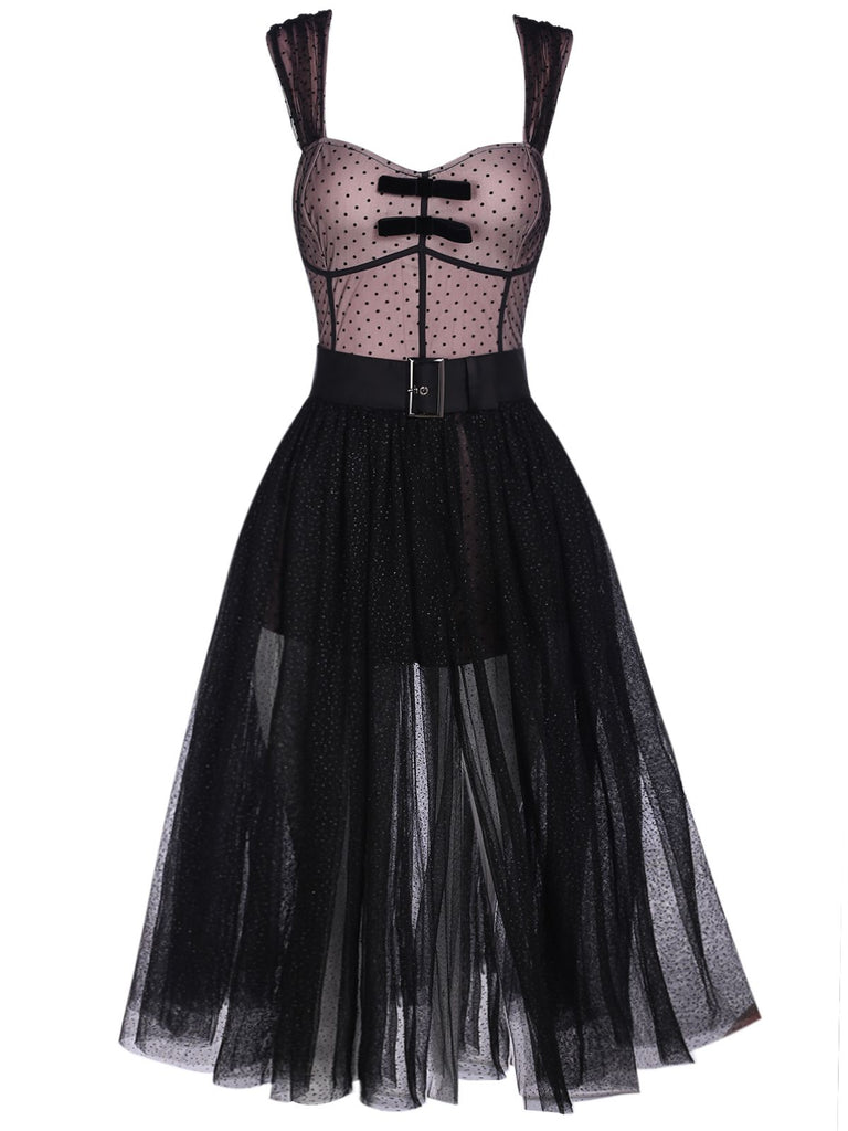 2PCS 1950s Polka Dot Bowknot Lace Strap Dress, classic vintage style elegant retro fashion - Image 2