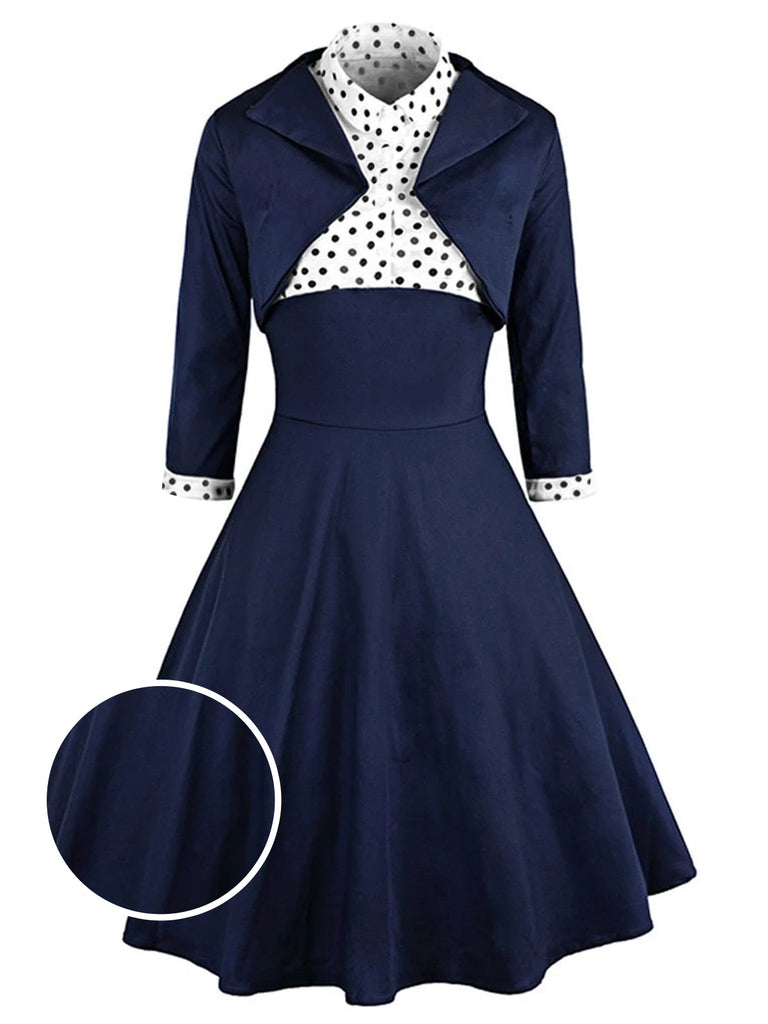 2PCS Navy 1950s Polka Dot Swing Dress, classic 1950s style elegant retro fashion - Image 2