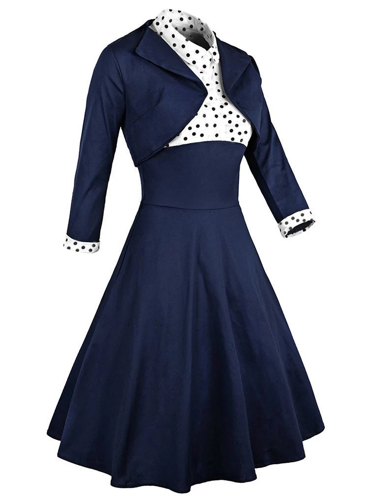 2PCS Navy 1950s Polka Dot Swing Dress, classic 1950s style elegant retro fashion - Image 3