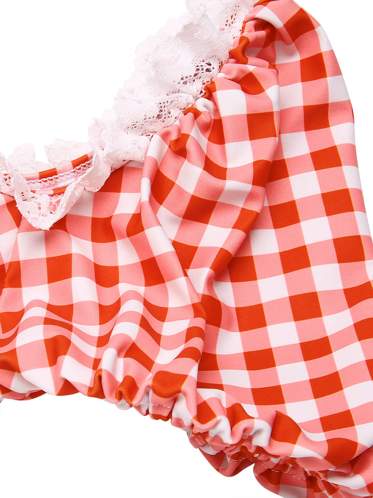 2PCS 1960s Plaid Lace Patchwork Swimsuit, vintage swimsuit, pin-up swimwear - perfect for women who love vintage and retro fashion