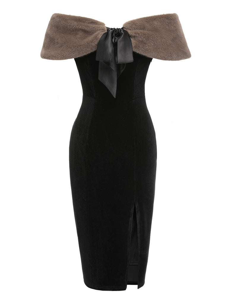 2PCS Black 1960s Solid Dress & Plush Cape, vintage dress, retro fashion - perfect for women who love vintage and retro fashion