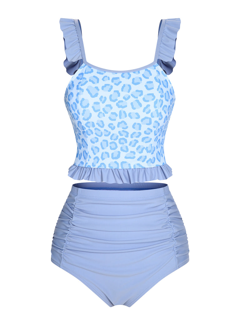2PCS Blue 1940s Leopard Patchwork Swimsuit: timeless style reimagined