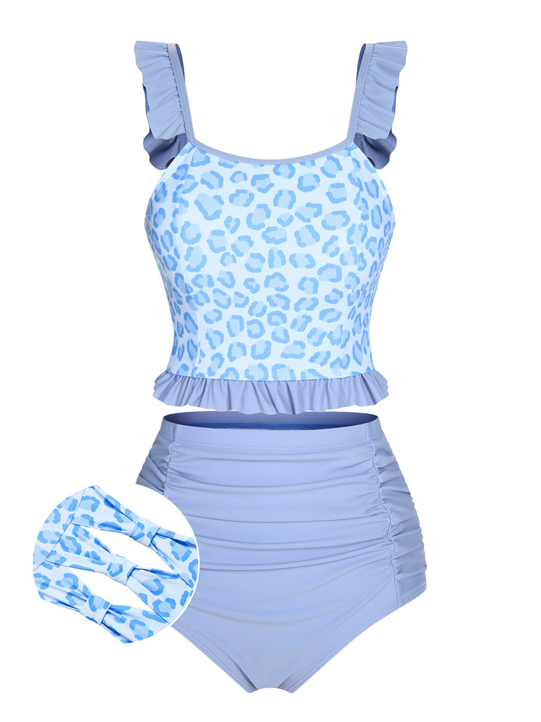 2PCS Blue 1940s Leopard Patchwork Swimsuit, vintage swimsuit, pin-up swimwear - perfect for women who love vintage and retro fashion