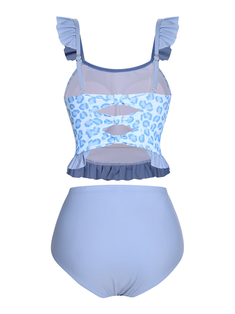 2PCS Blue 1940s Leopard Patchwork Swimsuit, vintage swimsuit, pin-up swimwear - perfect for women who love vintage and retro fashion