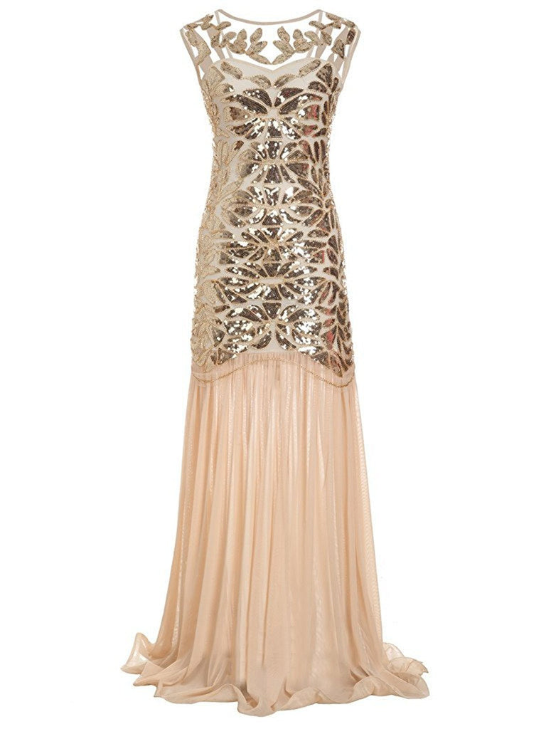 Apricot 1920s Sequin Maxi Flapper Dress, classic 1920s style elegant retro fashion - Image 2