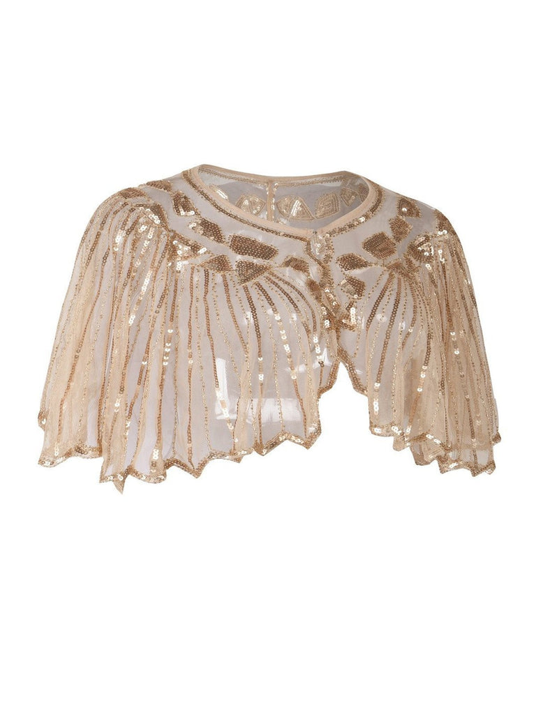 Apricot 1920s Shawl Beaded Sequin Cape, classic 1920s style elegant retro fashion - Image 2