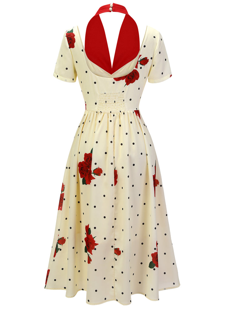 Beige 1930s Polka Dot Rose Patchwork Dress — vintage elegance for the modern woman