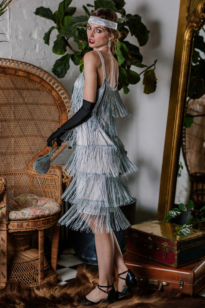 Belted Gray 1920s Fringe Gatsby Dress-US Warehouse - vintage dress, retro fashion, Gatsby party