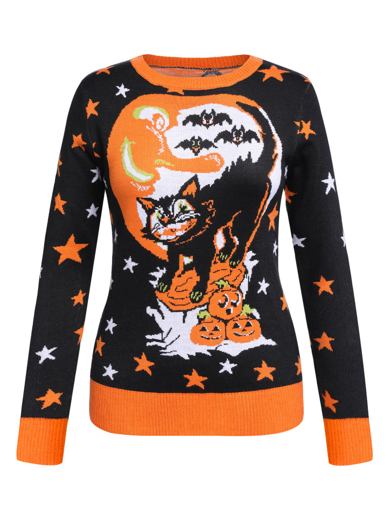 Black 1950s Funny Halloween Cat Sweater: timeless style reimagined