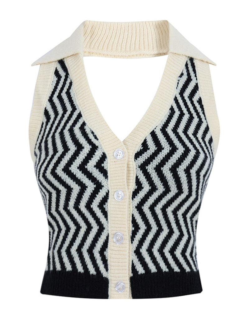 Black 1950s Knitting Stripes Halter Button Tops - vintage fashion, retro style, classic black