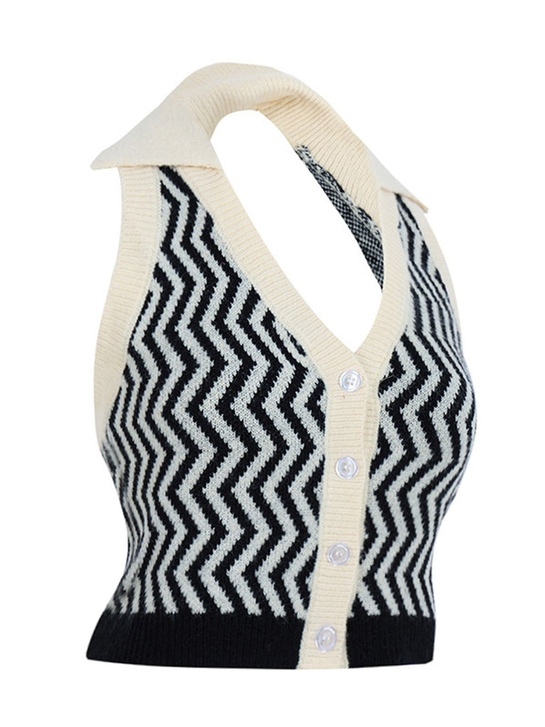 Black 1950s Knitting Stripes Halter Button Tops - vintage fashion, retro style, classic black