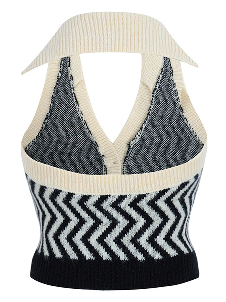 Black 1950s Knitting Stripes Halter Button Tops - vintage fashion, retro style, classic black
