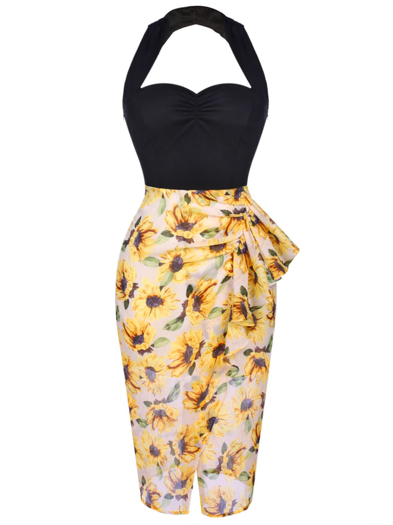 Black 1960s Halter Sunflower Pencil Dress: timeless style reimagined