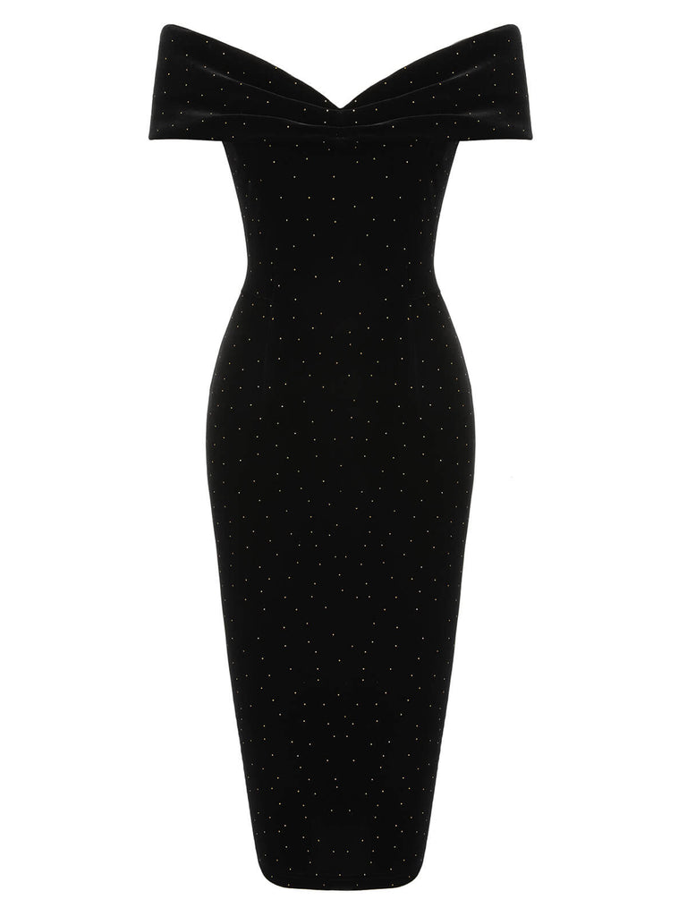 Black 1960s Off-Shoulder Rhinestones Velvet Dress, vintage dress, retro fashion - perfect for women who love vintage and retro fashion