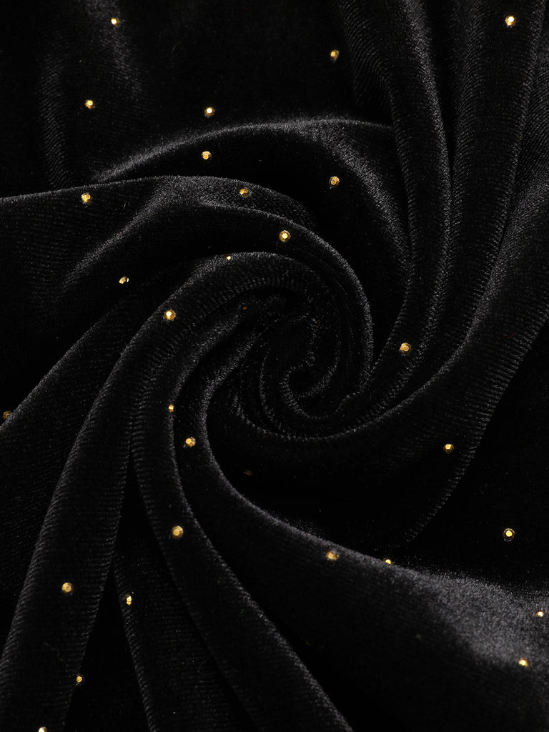 Black 1960s Off-Shoulder Rhinestones Velvet Dress, vintage dress, retro fashion - perfect for women who love vintage and retro fashion
