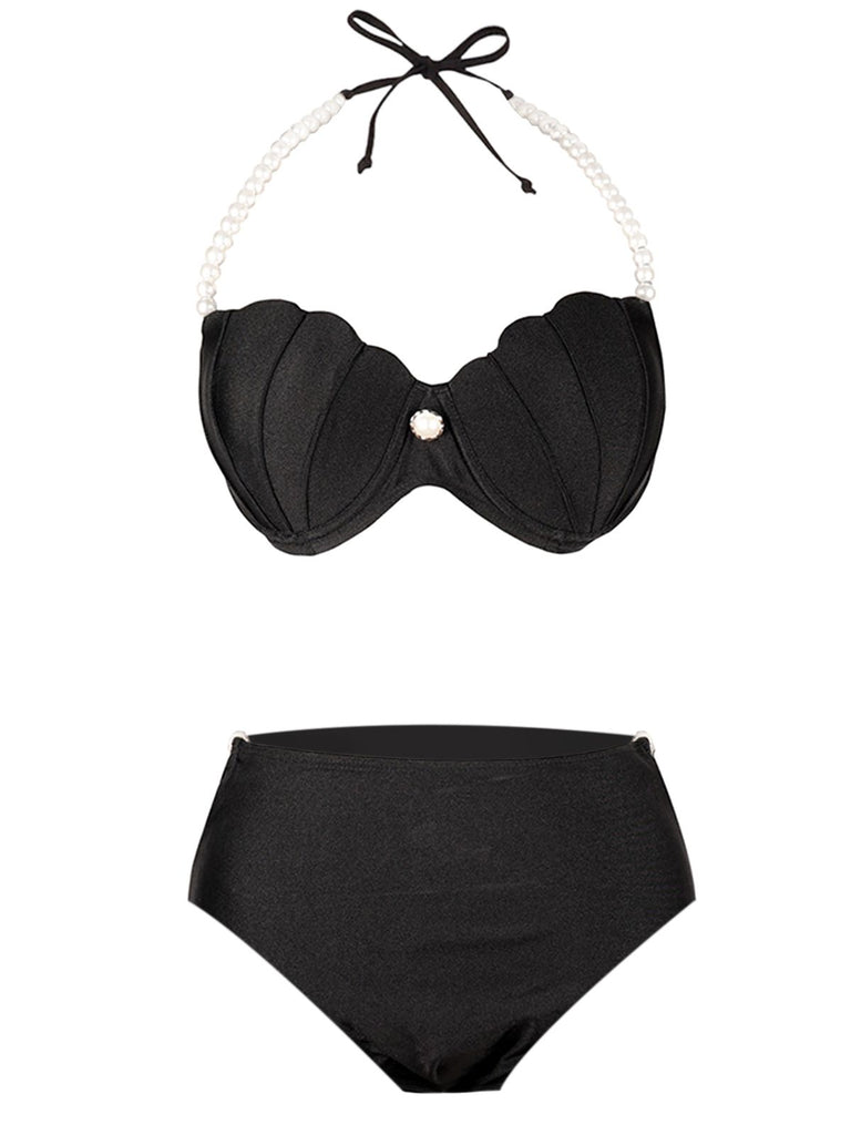 Black 1960s Shell Pearl Halter Bikini Set - vintage fashion, retro style, classic black