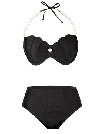 Black 1960s Shell Pearl Halter Bikini Set - vintage fashion, retro style, classic black