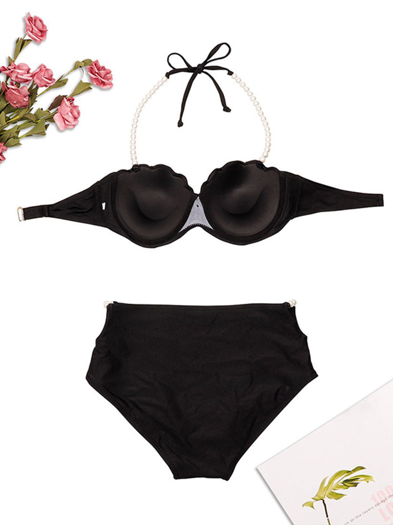 Black 1960s Shell Pearl Halter Bikini Set - vintage fashion, retro style, classic black