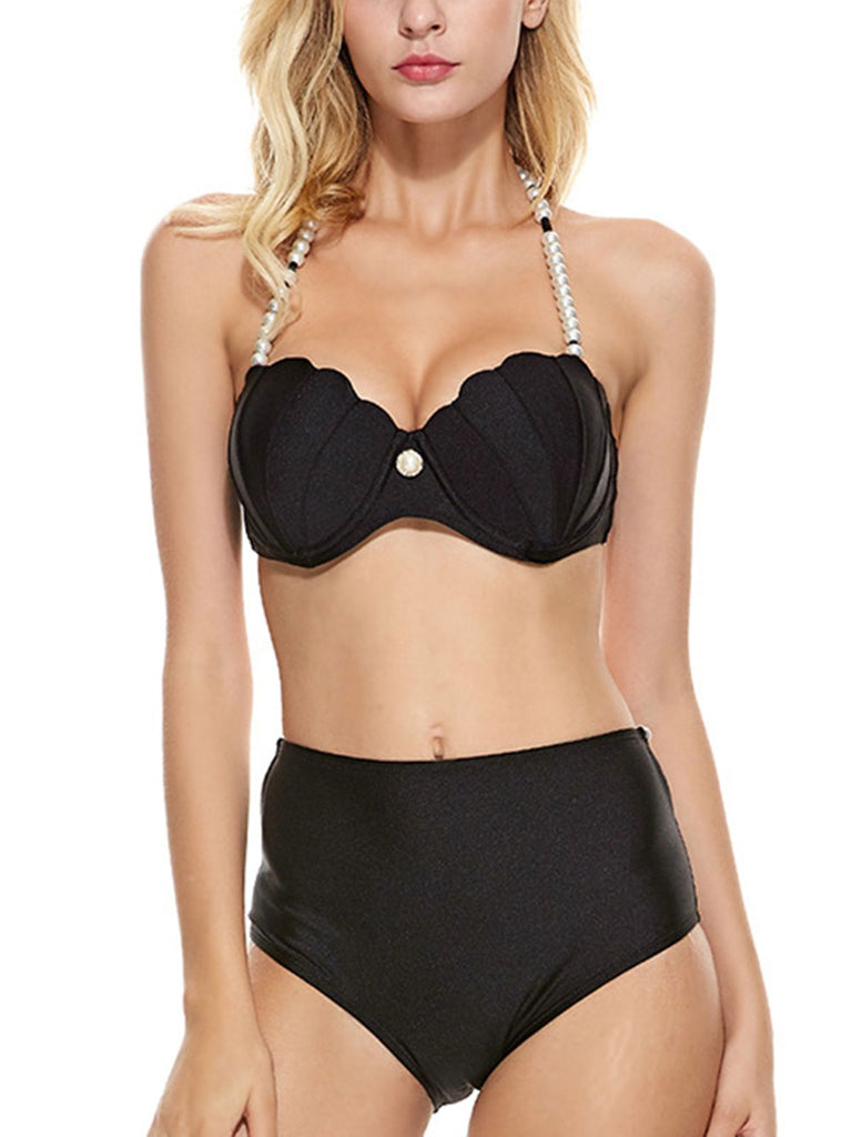 Black 1960s Shell Pearl Halter Bikini Set - vintage fashion, retro style, classic black